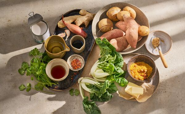 Frische Zutaten für ein darmfreundliches Rezept, darunter Süßkartoffeln, Pak Choi, Miso, Kokosmilch und Ingwer.