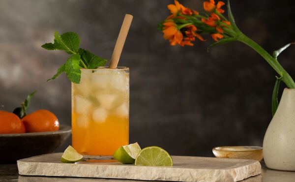 Kombucha-Saft: Erfrischender orangefarbener Kombucha-Saft mit Eis in einem Glas mit Papierstrohhalm und garniert mit Minze, auf einer Steinplatte mit Limettenspalten platziert, daneben eine Schale mit Mandarinen und eine Vase mit Orangenblüten im Hintergrund.