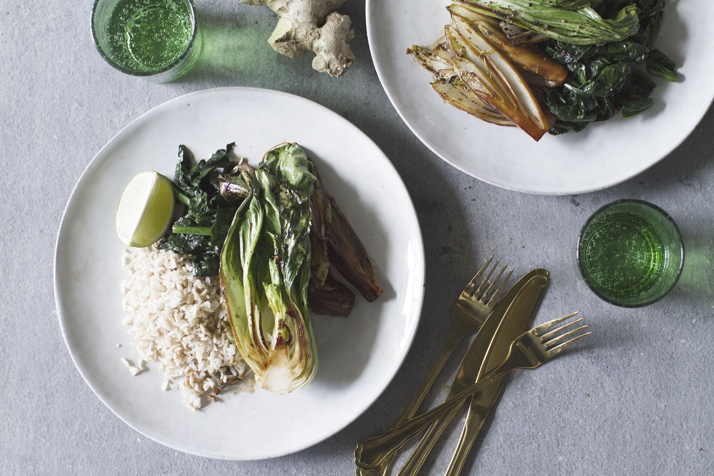 Stir fry with spinach chicory and baby bok choy