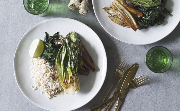 Stir fry with spinach chicory and baby bok choy