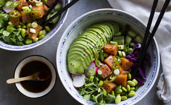 A Delicious Umami Poke Bowl with Fresh, Raw Salmon