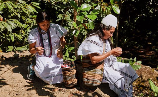 Arhuaco women weaving traditional mochilas by hand, honouring Indigenous craft and connection to the land.