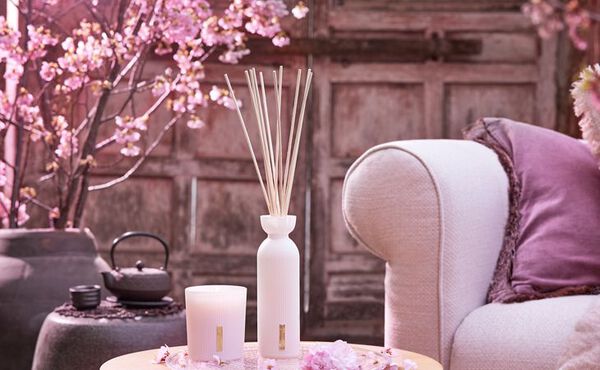 A serene living room with pink cherry blossom branches, and The Ritual of Sakura sented candle, and fragrance sticks.