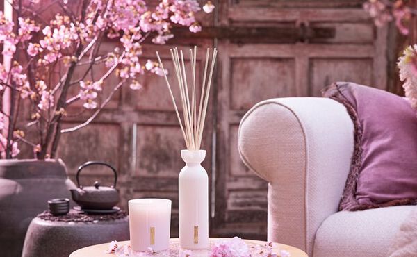 Ein einladendes Wohnzimmer mit rosafarbenen Kirschblütenzweigen sowie die Duftkerze und Duftstäbchen aus The Ritual of Sakura.