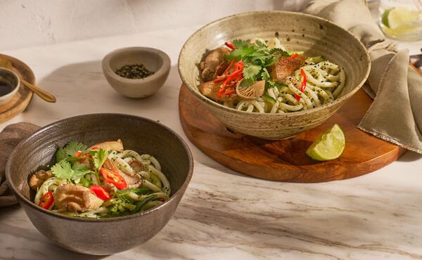 Tasty Japanese noodles with miso, mirin and oyster mushrooms